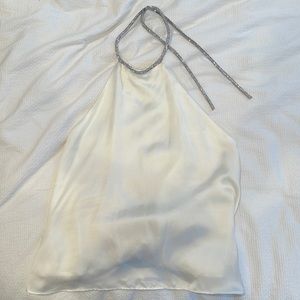 Stunning white satin halter top with rhinestones neckline